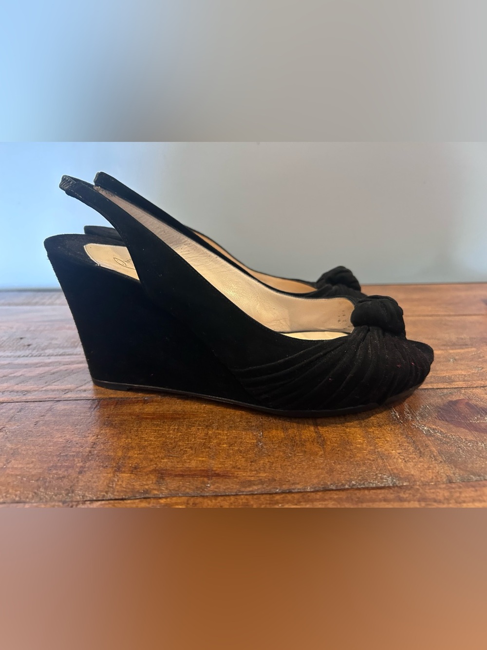 Authentic Louboutin Black Suede Wedge Slingback Knot Peep-Toe.Size 40.5